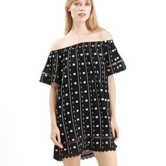Topshop Dresses & Skirts - Topshop Black And White Embroidered Off The Shoulder Flowy Tunic Mini Dress 2